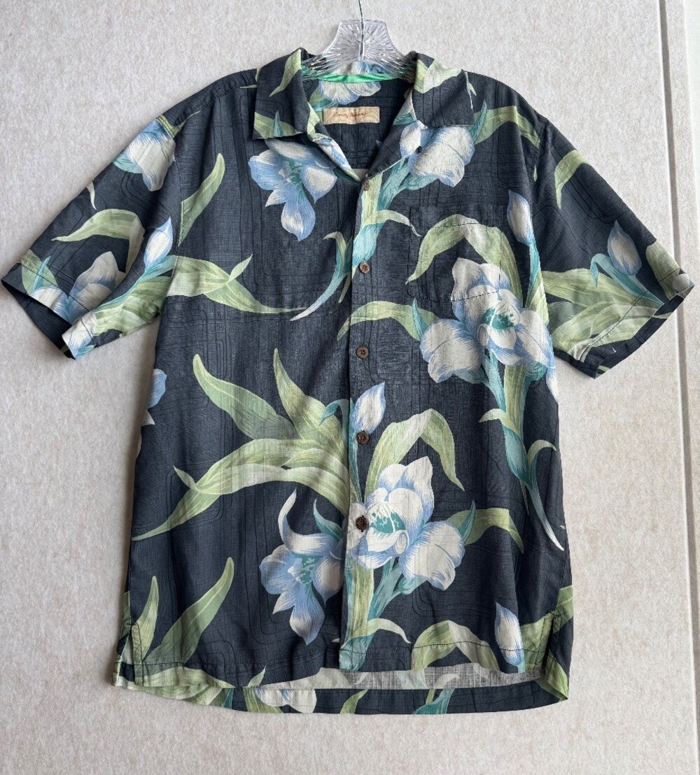 Tommy Bahama 100% Silk Hawaiian Camp Shirt Mens S Black Blue Floral Aloha